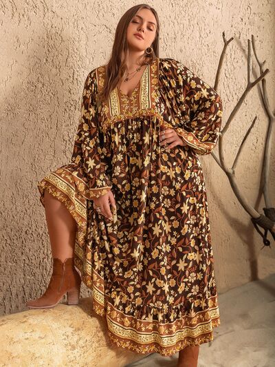 Blue Zone Planet | Plus Size Printed V-Neck Balloon Sleeve Dress BLUE ZONE PLANET