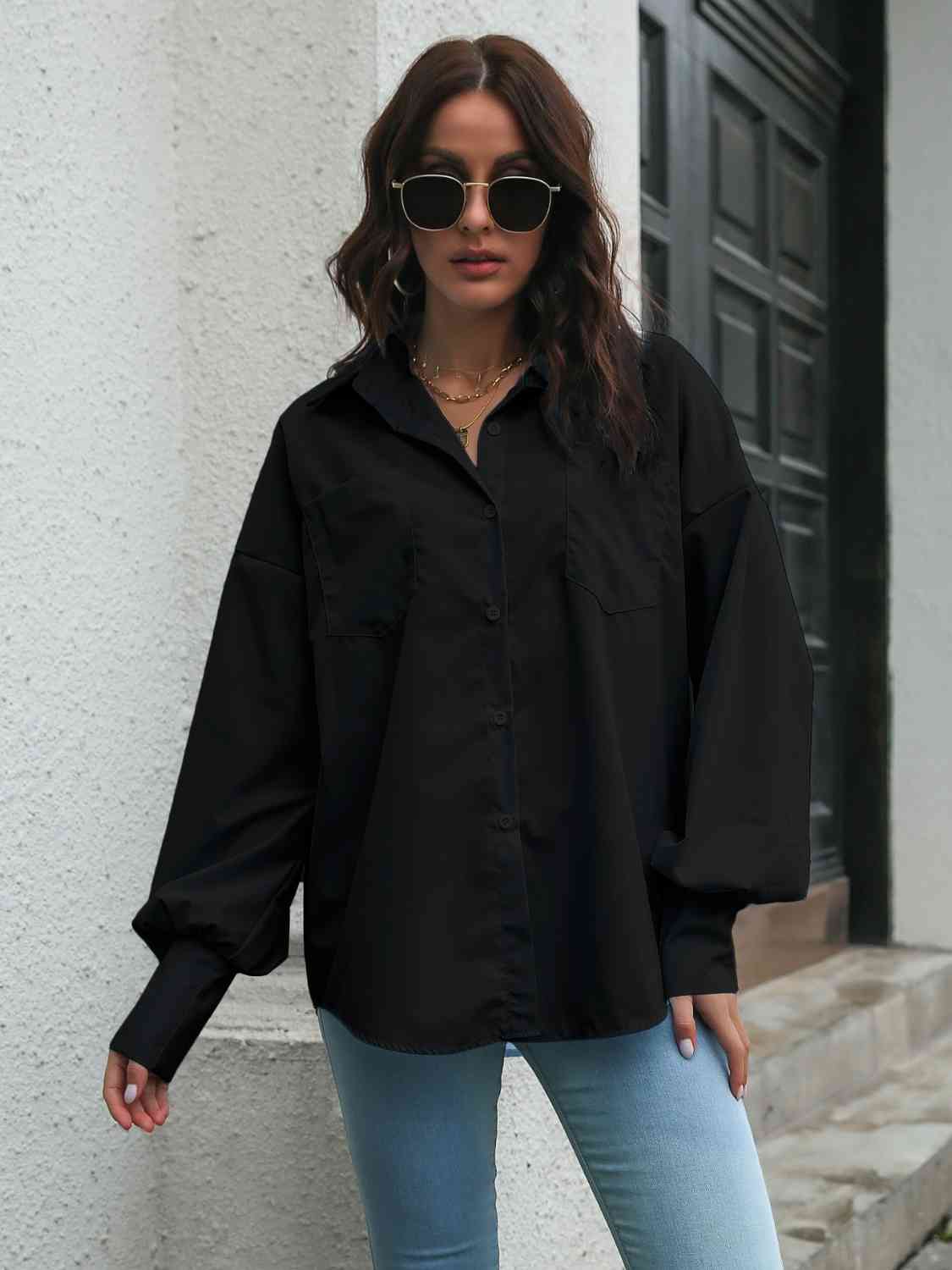 Collared Neck Dropped Shoulder Buttoned Shirt BLUE ZONE PLANET