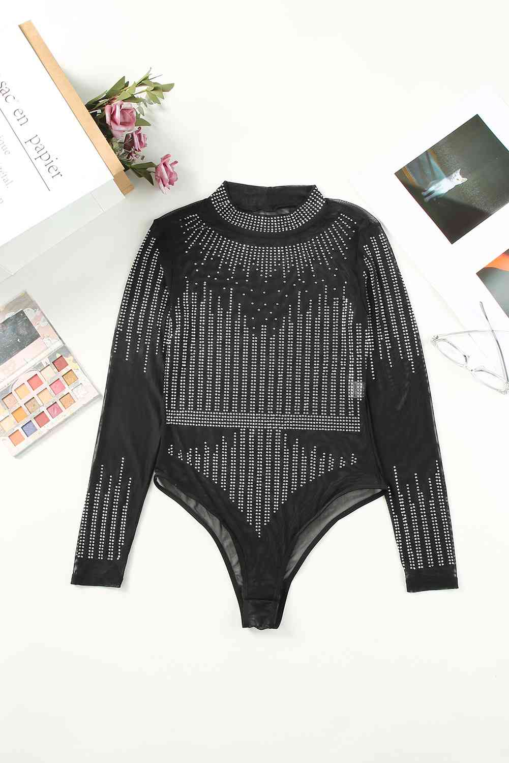 Rhinestone Round Neck Long Sleeve Bodysuit BLUE ZONE PLANET