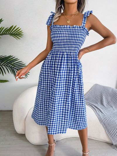 Frill Plaid Square Neck Midi Dress BLUE ZONE PLANET