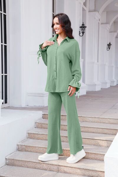 Blue Zone Planet | Drawstring Flounce Sleeve Shirt and Pants Set BLUE ZONE PLANET