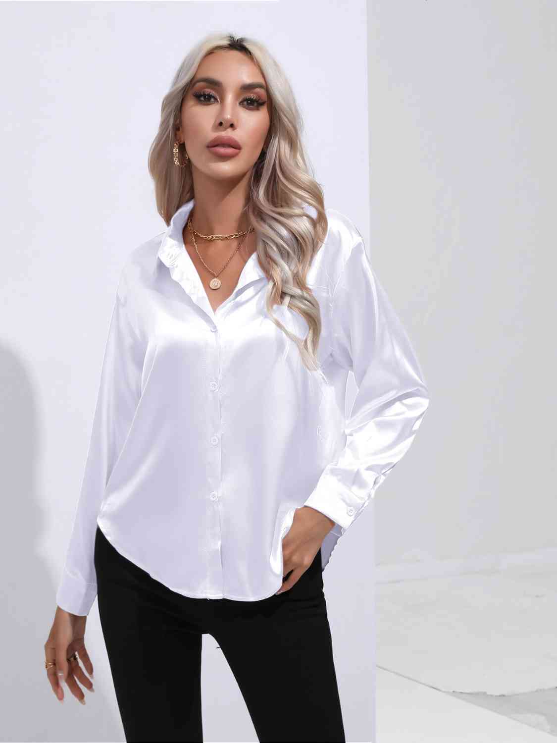 Collared Neck Buttoned Long Sleeve Shirt BLUE ZONE PLANET