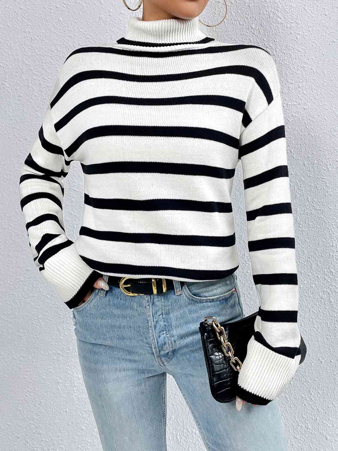 Striped Turtleneck Drop Shoulder Sweater BLUE ZONE PLANET