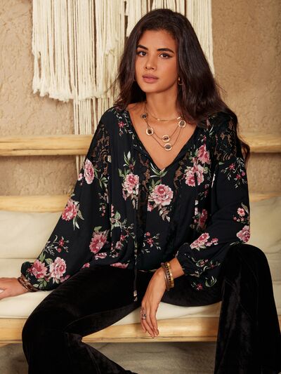 Blue Zone Planet | Flower Printed Tie Neck Long Sleeve Blouse BLUE ZONE PLANET
