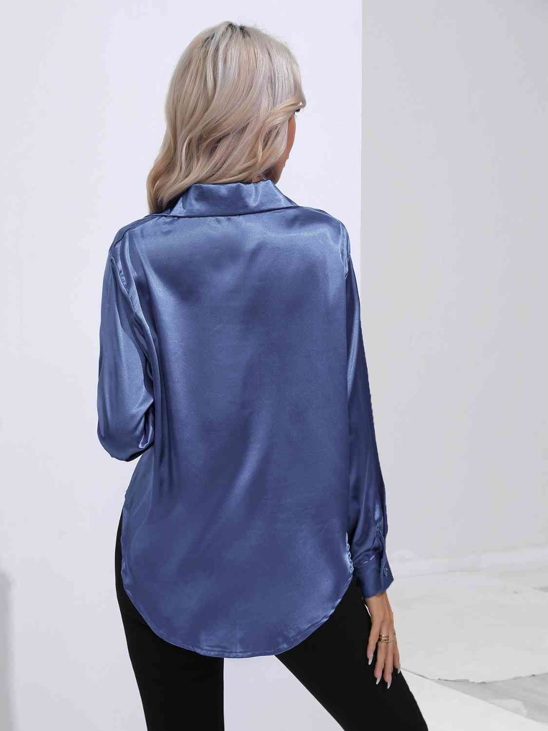 Collared Neck Buttoned Long Sleeve Shirt BLUE ZONE PLANET