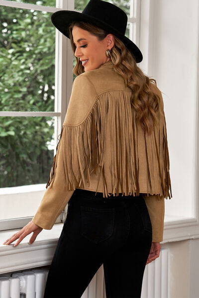 Fringe Trim Lapel Collar Cropped Blazer BLUE ZONE PLANET