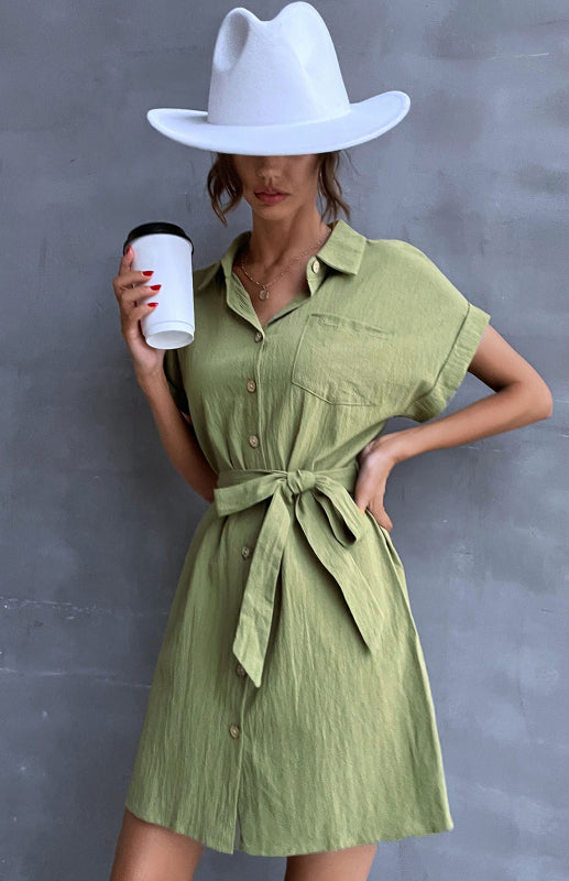 Shirt Dress Green Lace Up Short Sleeve Cotton Linen Dress kakaclo