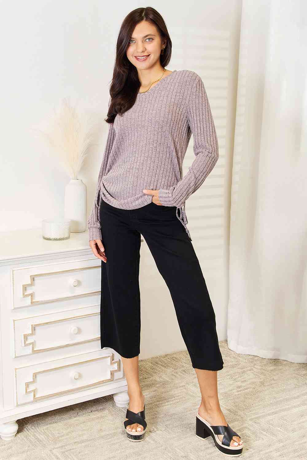 Double Take Drawstring Ribbed Long Sleeve T-Shirt BLUE ZONE PLANET
