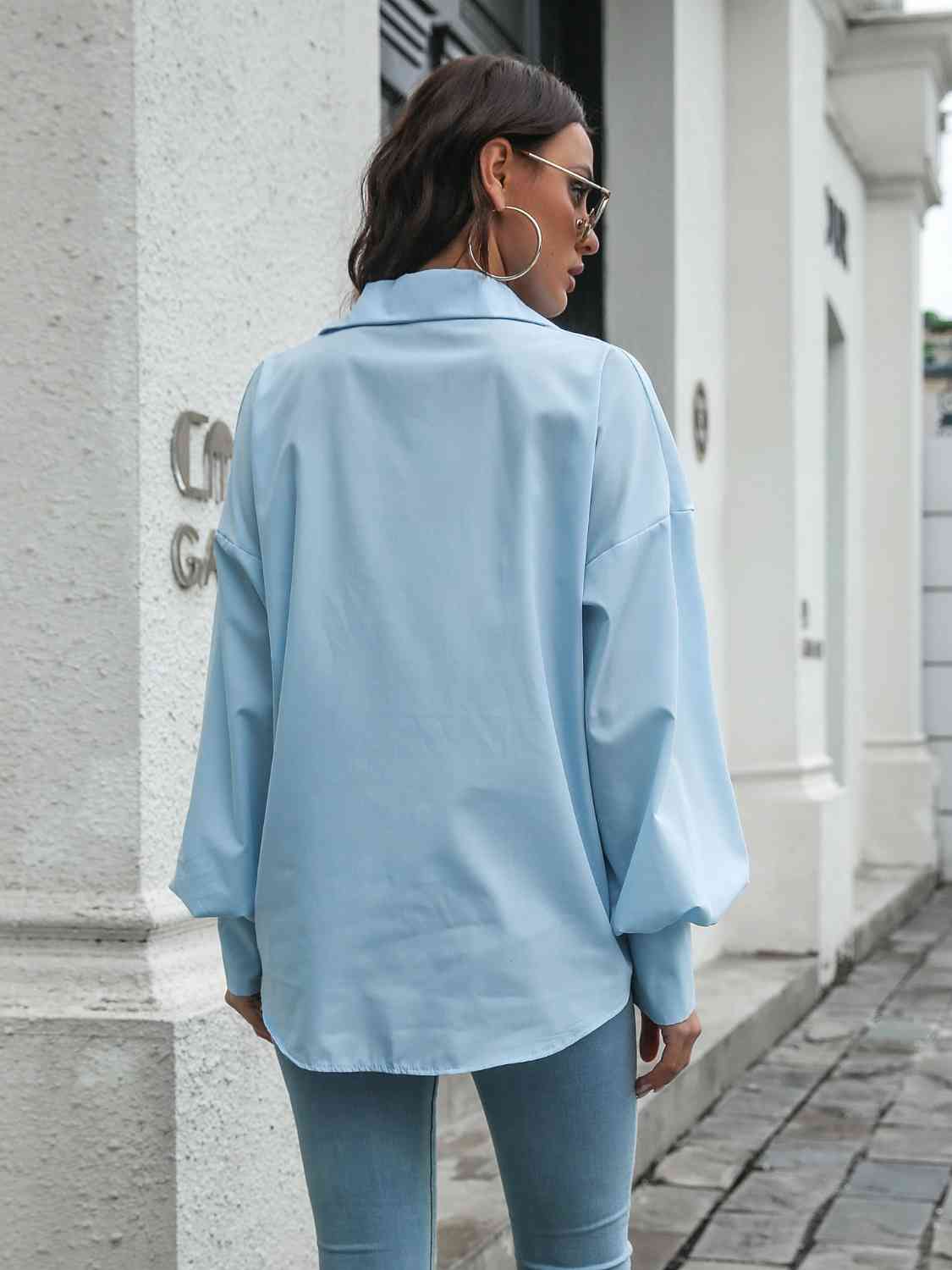 Collared Neck Dropped Shoulder Buttoned Shirt BLUE ZONE PLANET