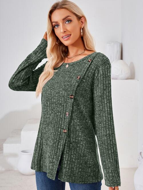 Ribbed Buttoned Round Neck Slit T-Shirt BLUE ZONE PLANET