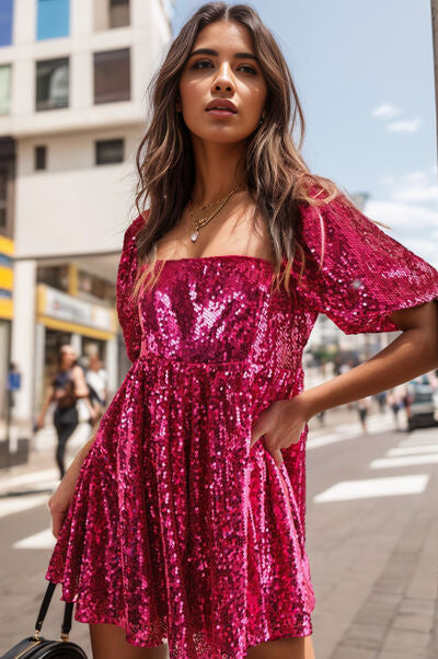 Blue Zone Planet | Sequin Square Neck Balloon Sleeve Romper BLUE ZONE PLANET