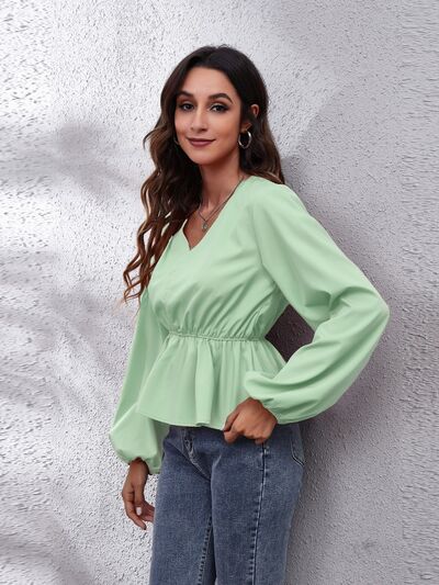 V-Neck Balloon Sleeve Peplum Blouse BLUE ZONE PLANET