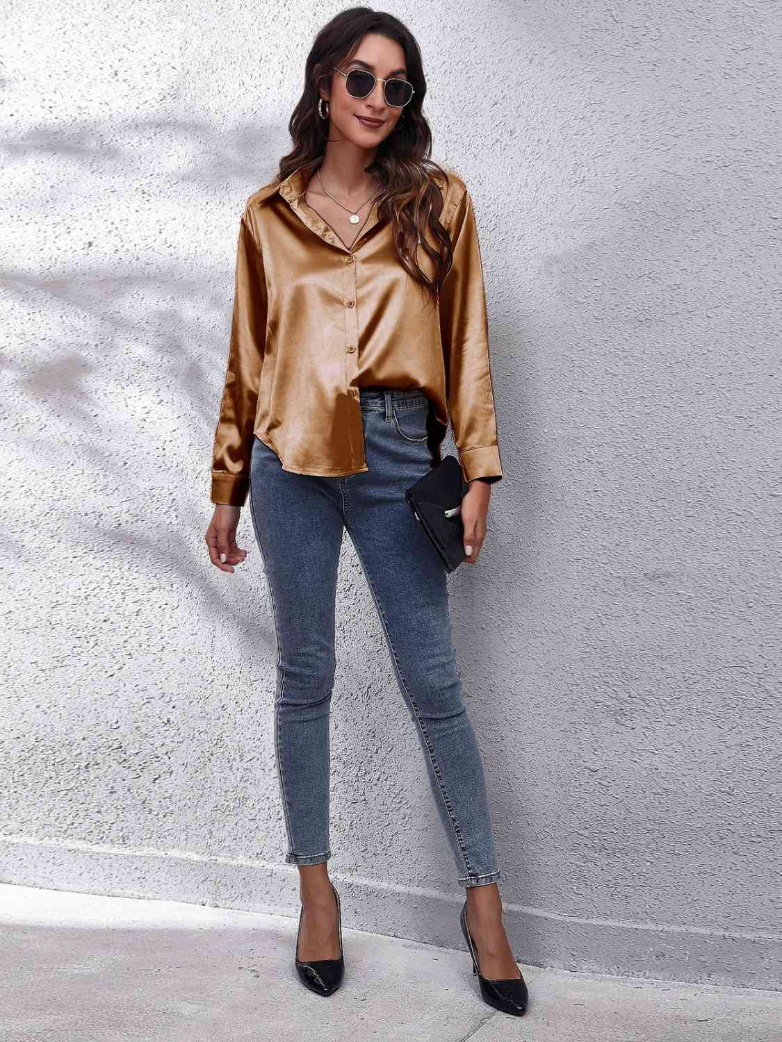 Collared Neck Buttoned Long Sleeve Shirt BLUE ZONE PLANET
