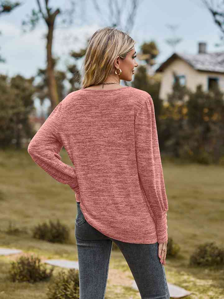 Round Neck Long Sleeve Buttoned T-Shirt BLUE ZONE PLANET