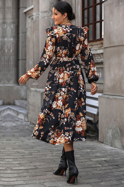Floral Surplice Tie Front Ruffle Hem Midi Dress BLUE ZONE PLANET