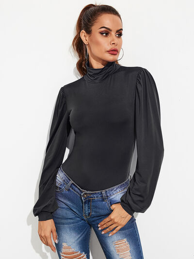 Blue Zone Planet | Backless Tie-Waist Turtleneck Lantern Sleeve Bodysuit BLUE ZONE PLANET