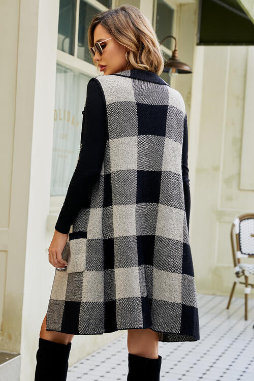 Plaid Open Front Sleeveless Cardigan with Pockets BLUE ZONE PLANET
