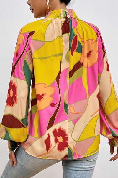 Blue Zone Planet | Floral Smocked Lantern Sleeve Mock Neck Blouse BLUE ZONE PLANET