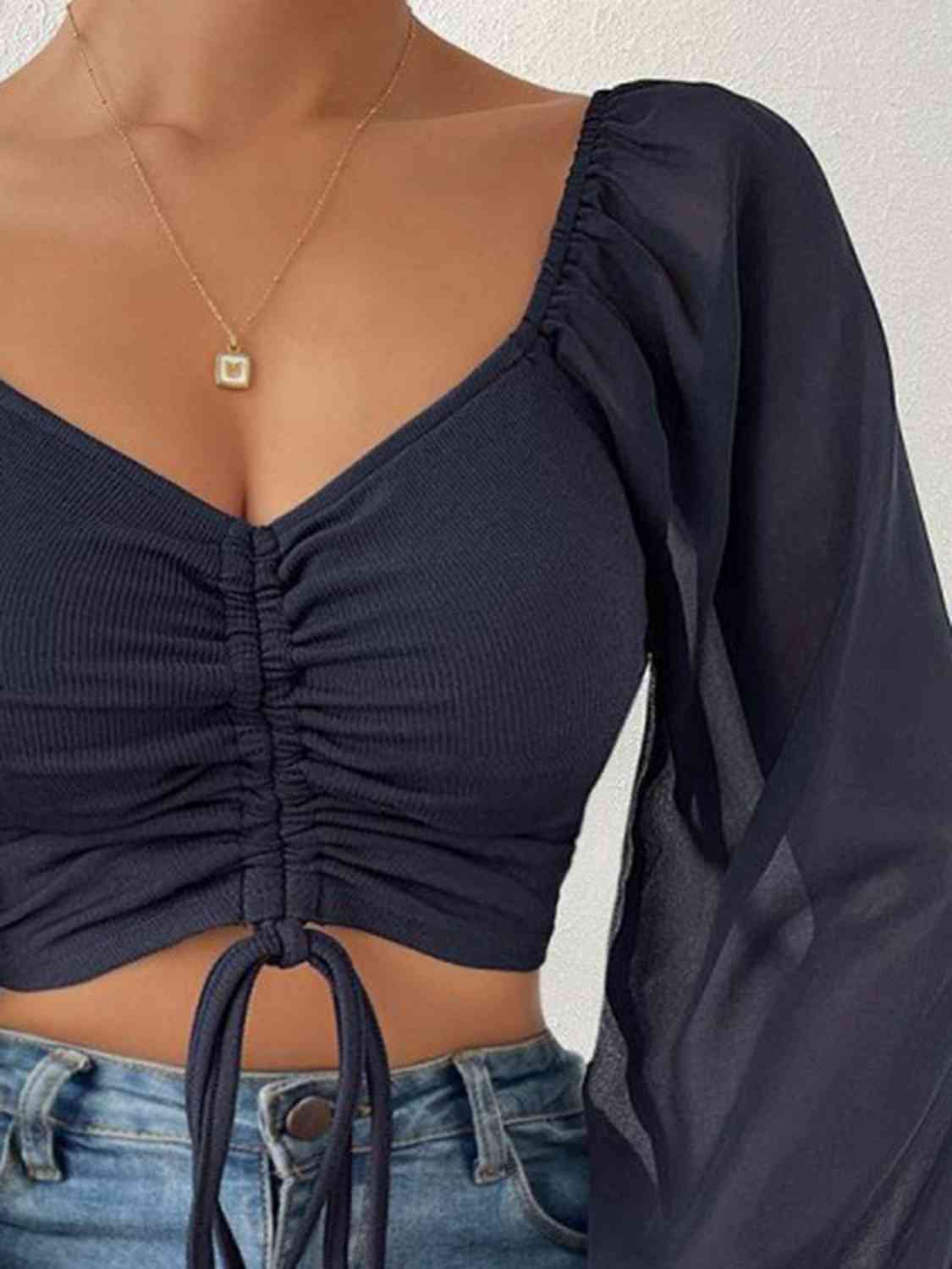 Drawstring Sweetheart Neck Cropped Top BLUE ZONE PLANET