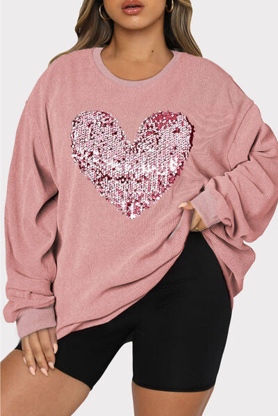 Blue Zone Planet | Plus Size Heart Sequin Round Neck Sweatshirt BLUE ZONE PLANET