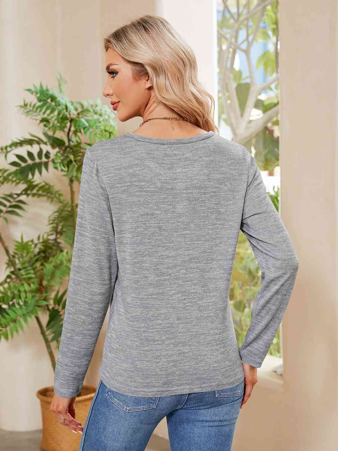 Buttoned Round Neck Long Sleeve T-Shirt BLUE ZONE PLANET