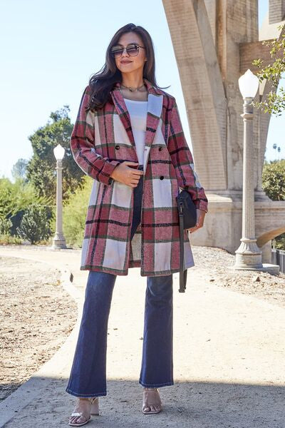 Double Take Full Size Plaid Button Up Lapel Collar Coat BLUE ZONE PLANET