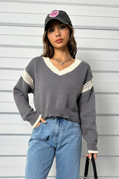 Blue Zone Planet | Contrast Openwork Long Sleeve V-Neck Sweater BLUE ZONE PLANET