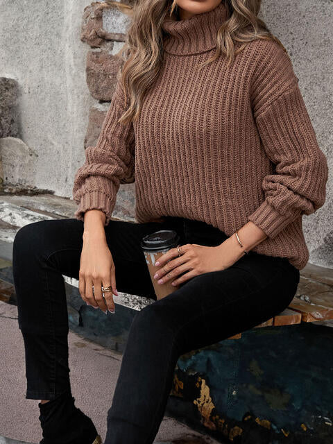 Turtleneck Dropped Shoulder Pullover Sweater BLUE ZONE PLANET