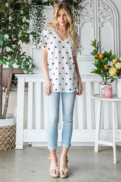 Heimish Full Size Star Print Short Sleeve V-Neck Waffle Knit T-Shirt BLUE ZONE PLANET