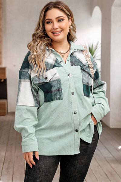 Blue Zone Planet | Plus Size Plaid Snap Down Jacket with Pockets BLUE ZONE PLANET