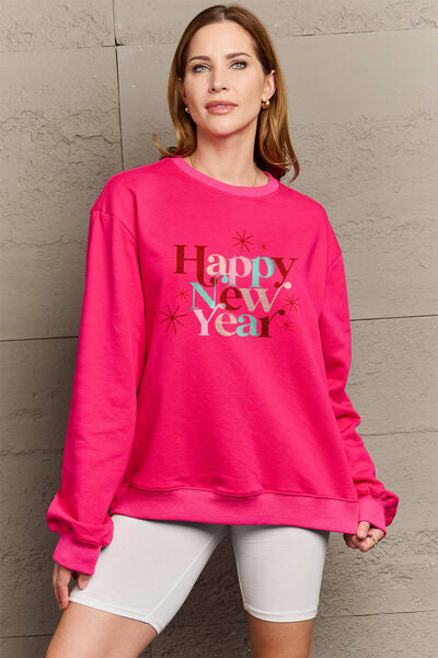 Simply Love Full Size HAPPY NEW YEAR Round Neck Sweatshirt BLUE ZONE PLANET