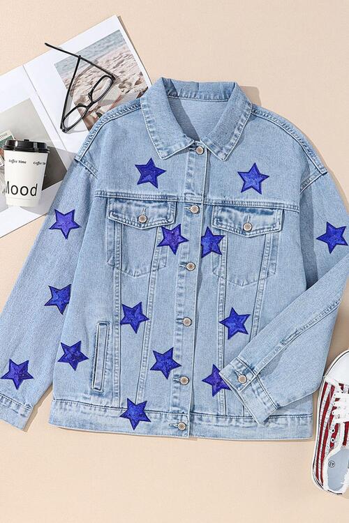 Pocketed Geometric Collared Neck Denim Jacket BLUE ZONE PLANET