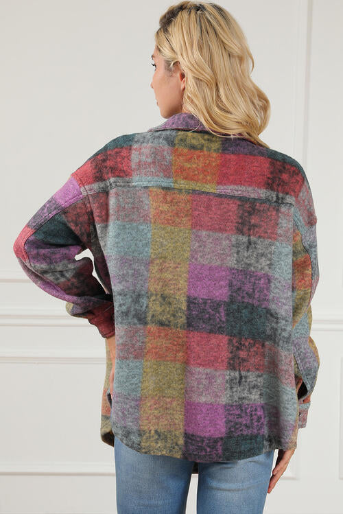Plaid Collared Neck Button Front Jacket BLUE ZONE PLANET