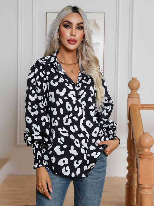 Printed Collared Neck Buttoned Lantern Sleeve Shirt BLUE ZONE PLANET