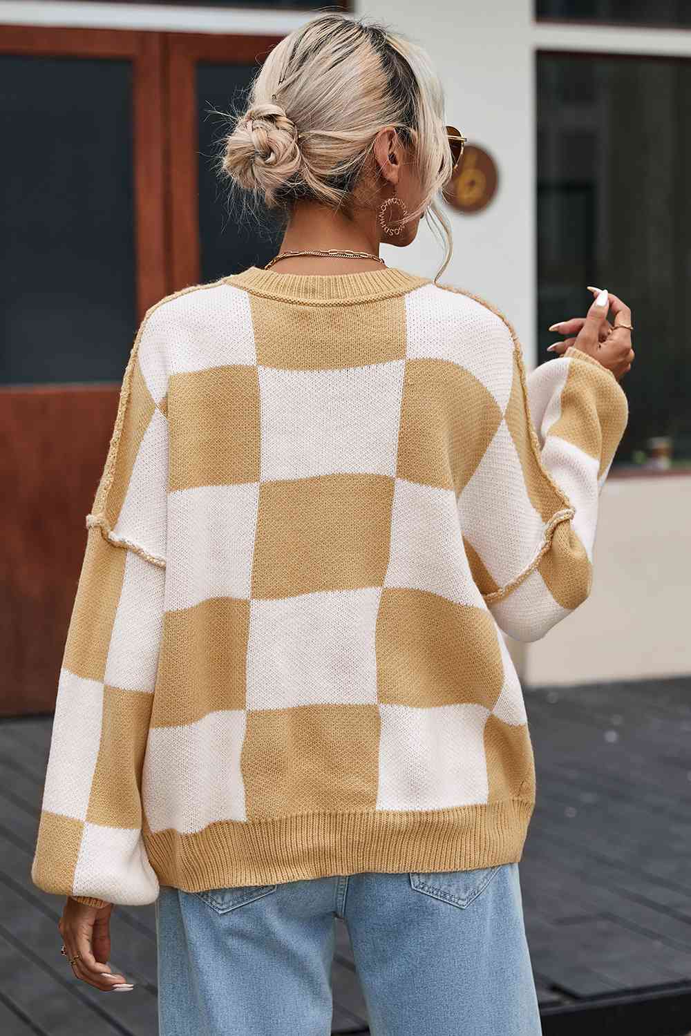 Checkered Exposed Seam Drooped Shoulder Sweater BLUE ZONE PLANET