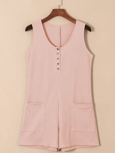 Waffle-Knit Half Button Sleeveless Romper with Pockets Trendsi