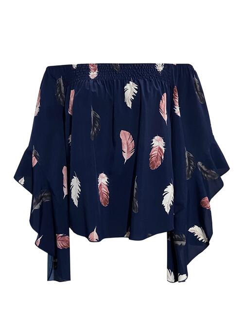 Feather Print Smocked Off-Shoulder Blouse BLUE ZONE PLANET