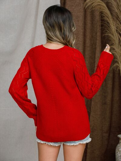 Openwork Round Neck Raglan Sleeve Sweater BLUE ZONE PLANET