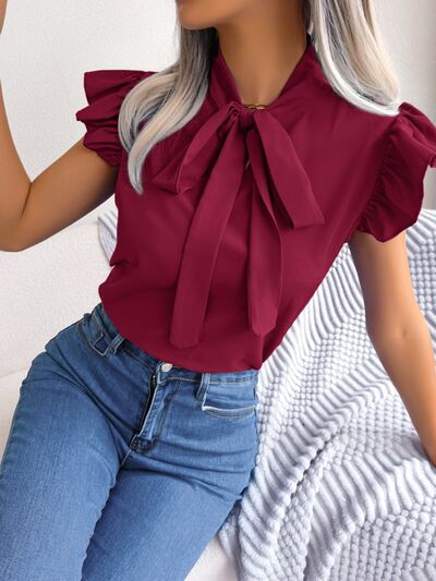 Tie Neck Cap Sleeve Blouse BLUE ZONE PLANET