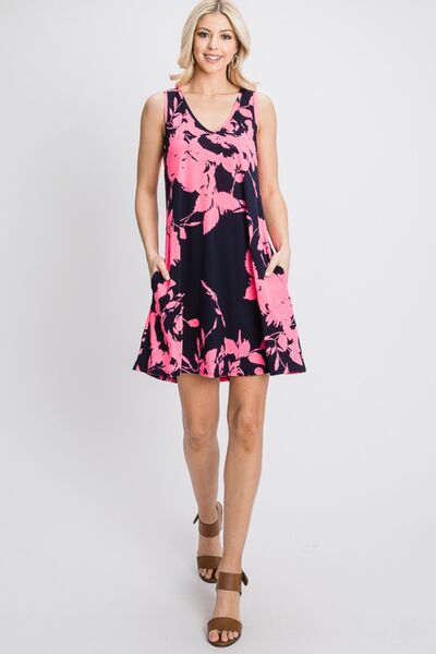 Heimish Full Size Floral V-Neck Tank Dress with Pockets BLUE ZONE PLANET