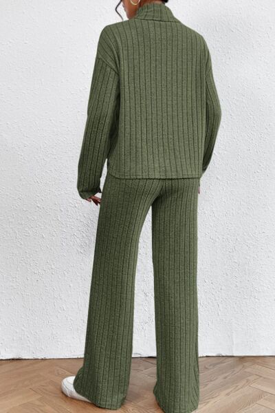 Blue Zone Planet | Mock Neck Dropped Shoulder Top and Pants Set BLUE ZONE PLANET