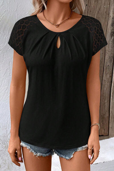 Blue Zone Planet | Cutout Round Neck Lace Short Sleeve T-Shirt BLUE ZONE PLANET