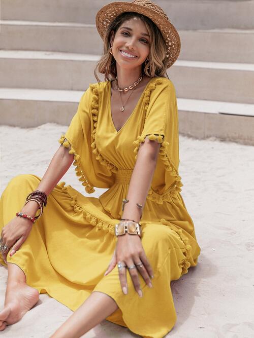 Tassel Trim Smocked V-Neck Short Sleeve Dress BLUE ZONE PLANET