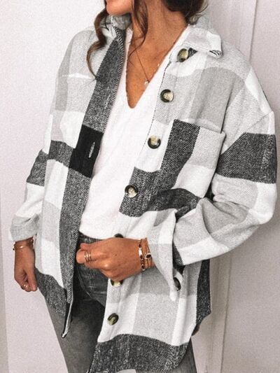 Blue Zone Planet | Plaid Pocketed Dropped Shoulder Button Up Jacket BLUE ZONE PLANET