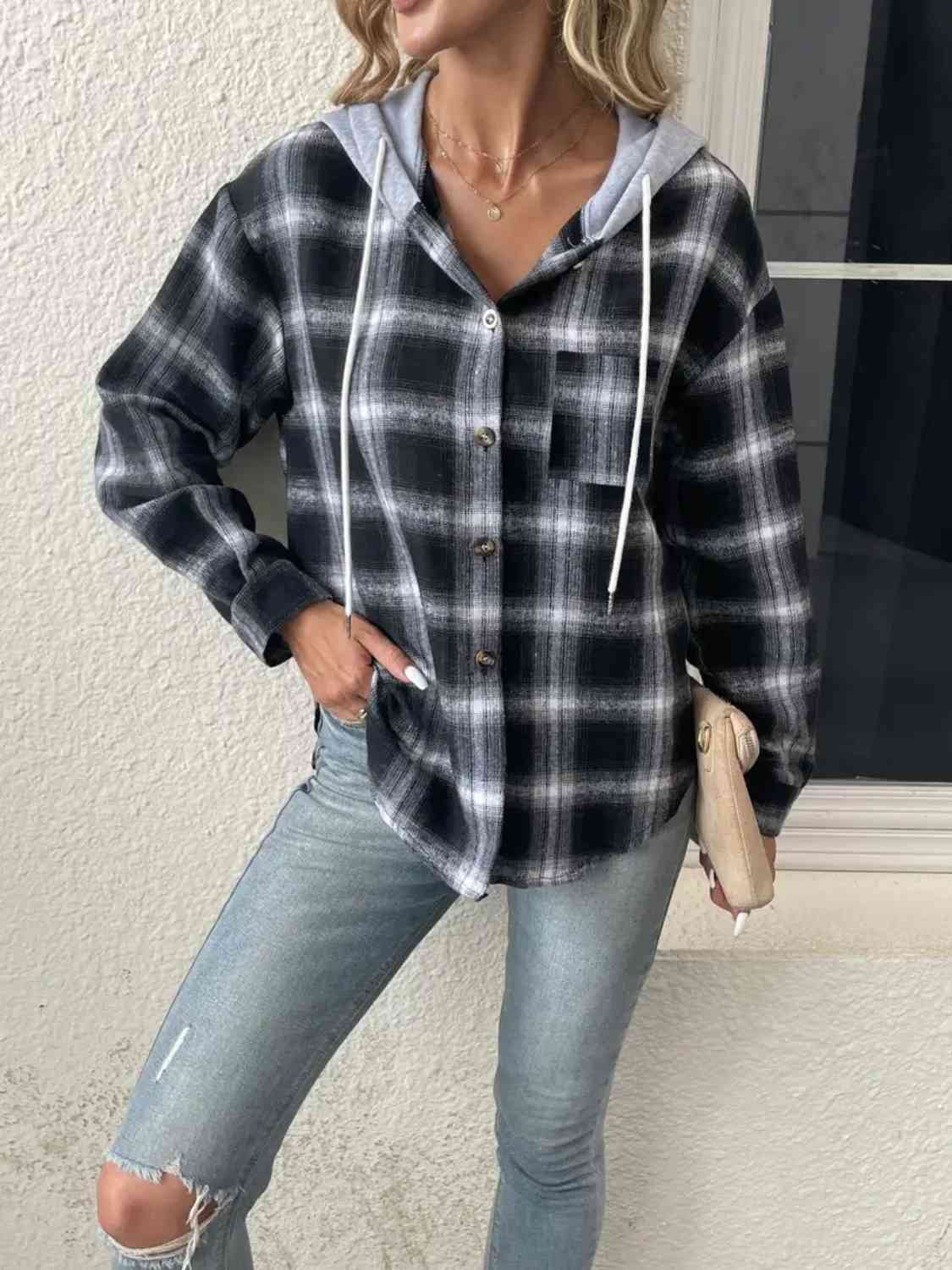 Plaid Drawstring Button Up Hooded Jacket BLUE ZONE PLANET