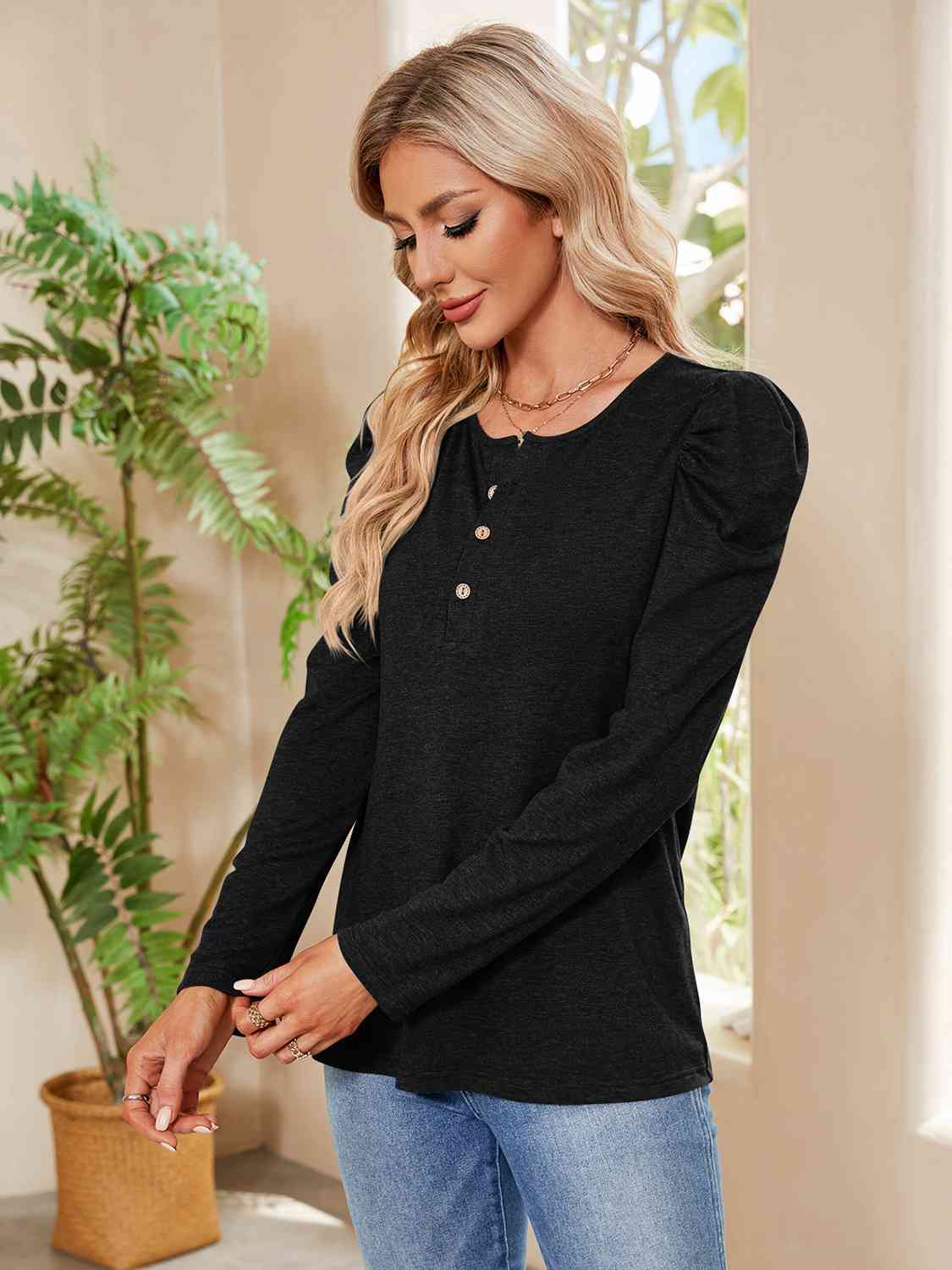 Buttoned Round Neck Puff Sleeve T-Shirt BLUE ZONE PLANET