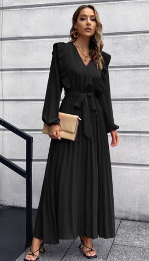 V-neck hem pleated dress kakaclo