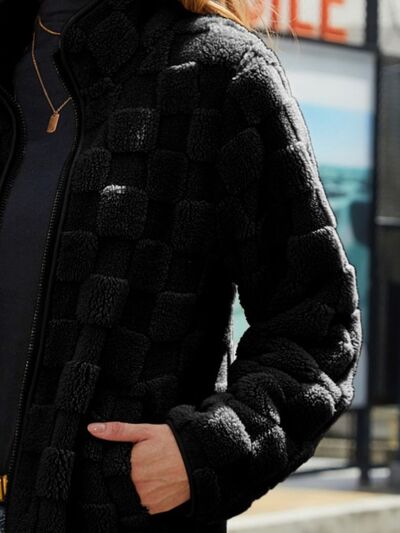 Blue Zone Planet | Fuzzy Checkered Zip Up Jacket BLUE ZONE PLANET