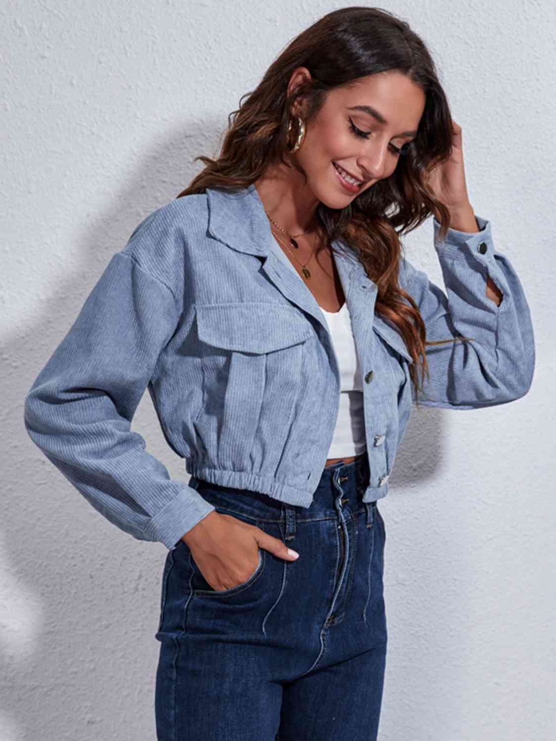 Collared Neck Dropped Shoulder Buttoned Jacket BLUE ZONE PLANET