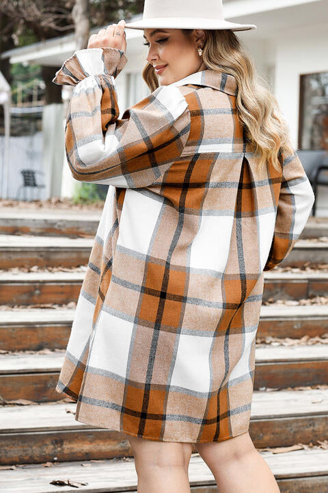 Plus Size Plaid Button Up Shirt Dress BLUE ZONE PLANET
